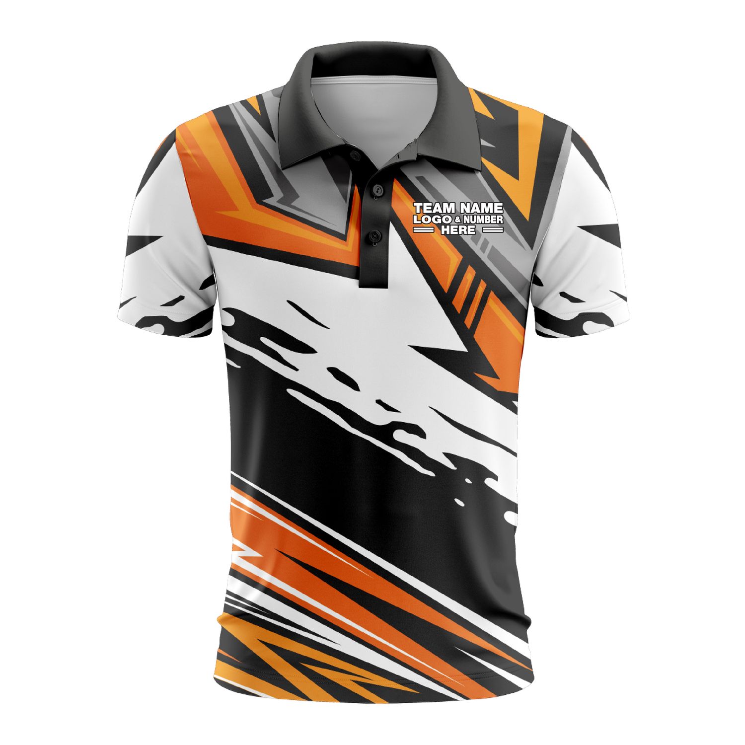 Custom Fully Sublimated Energetic Pattern Black Gray Orange Performance Polo Shirt 9858