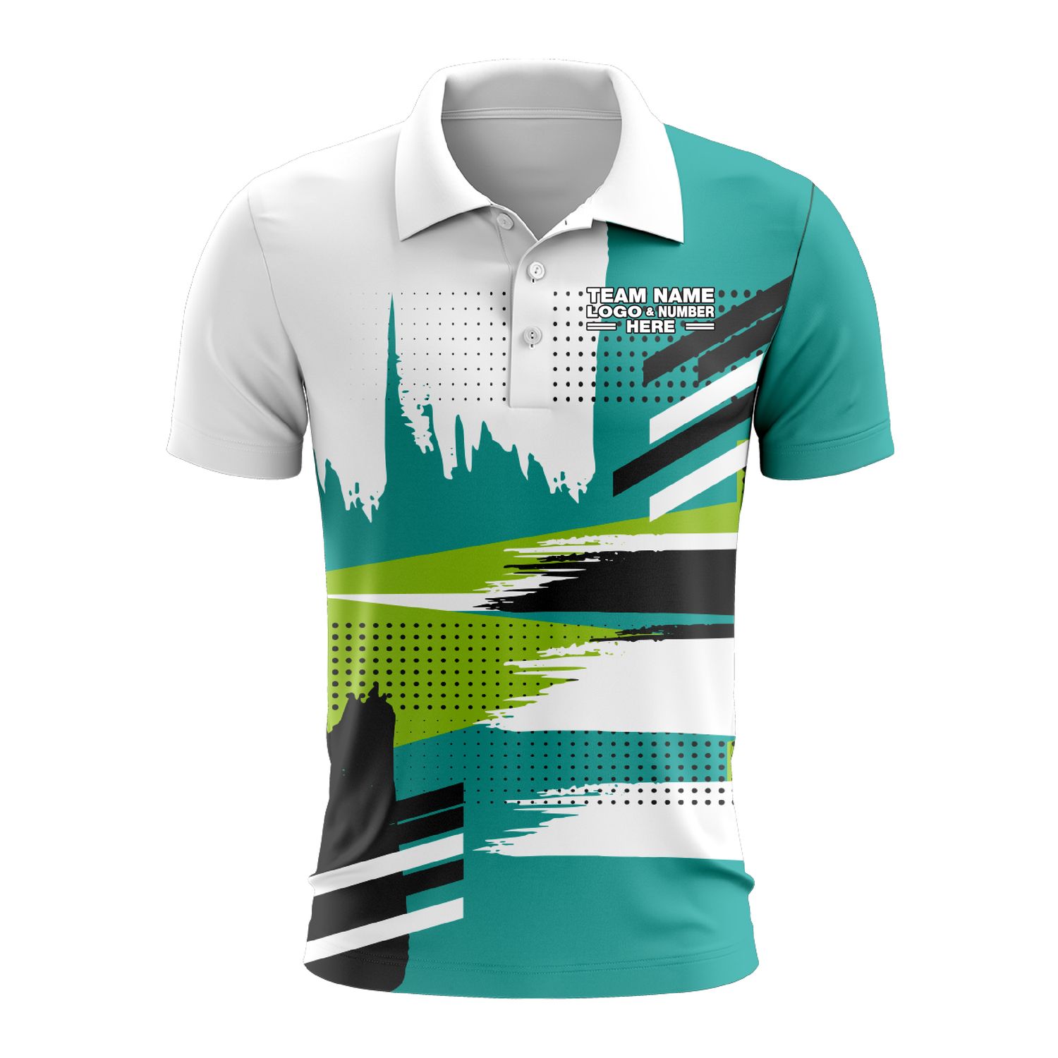 Custom Fully Sublimated Landscape Pattern White Black Teal Green Performance Polo Shirt 9897