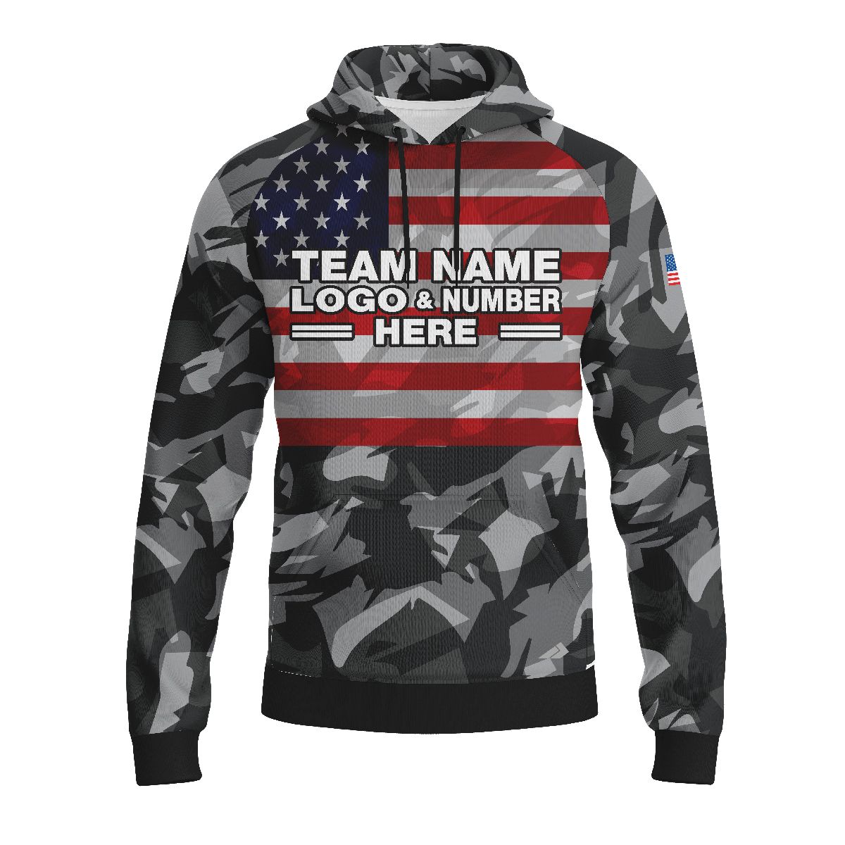 Custom Fully Sublimated USA FLAG on Chest Camo Pattern Black Red Blue White Performance Sports Pullover Hoodie 09989