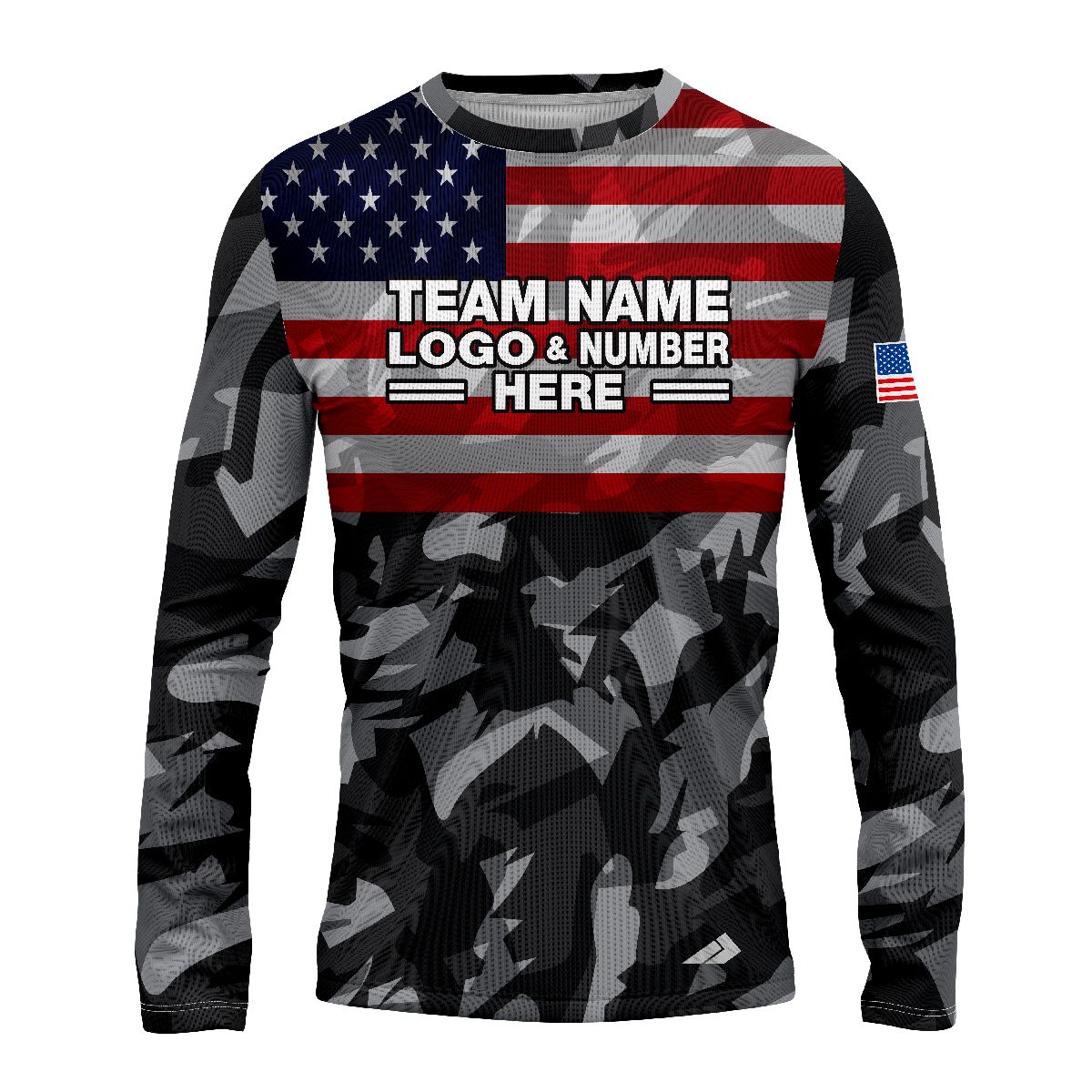Custom Fully Sublimated USA FLAG on Chest Camo Pattern Black Red Blue White Performance Long Sleeves 10279