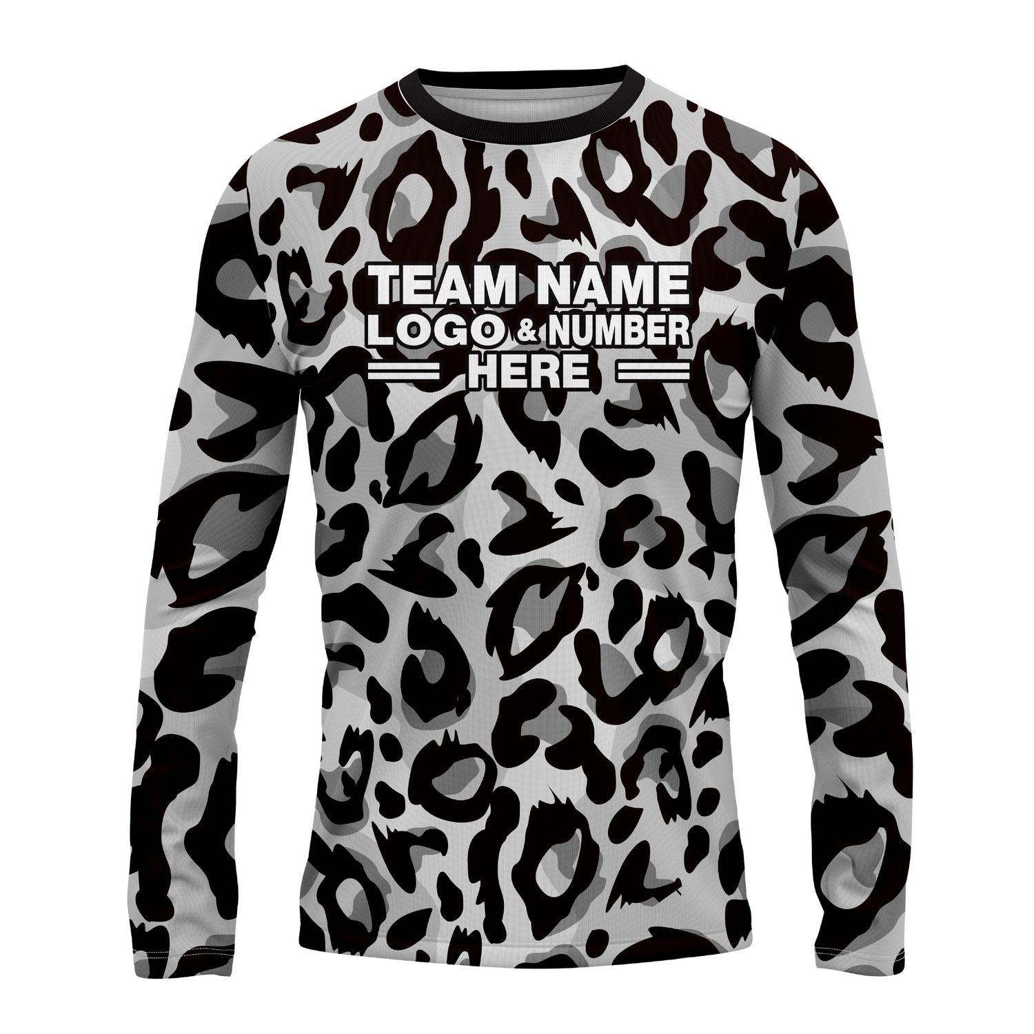 Custom Fully Sublimated Monochrome Leopard Animal Print Black White Performance Long Sleeves 10631