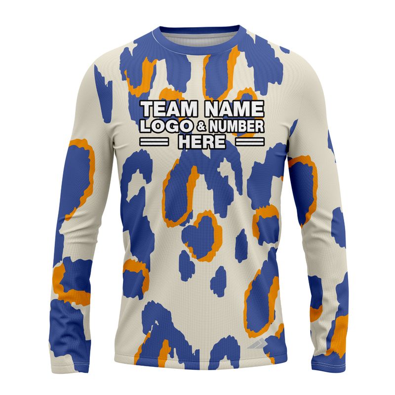 Custom Fully Sublimated Abstract Animal Print Two White Blue Orange Performance Long Sleeves 10643