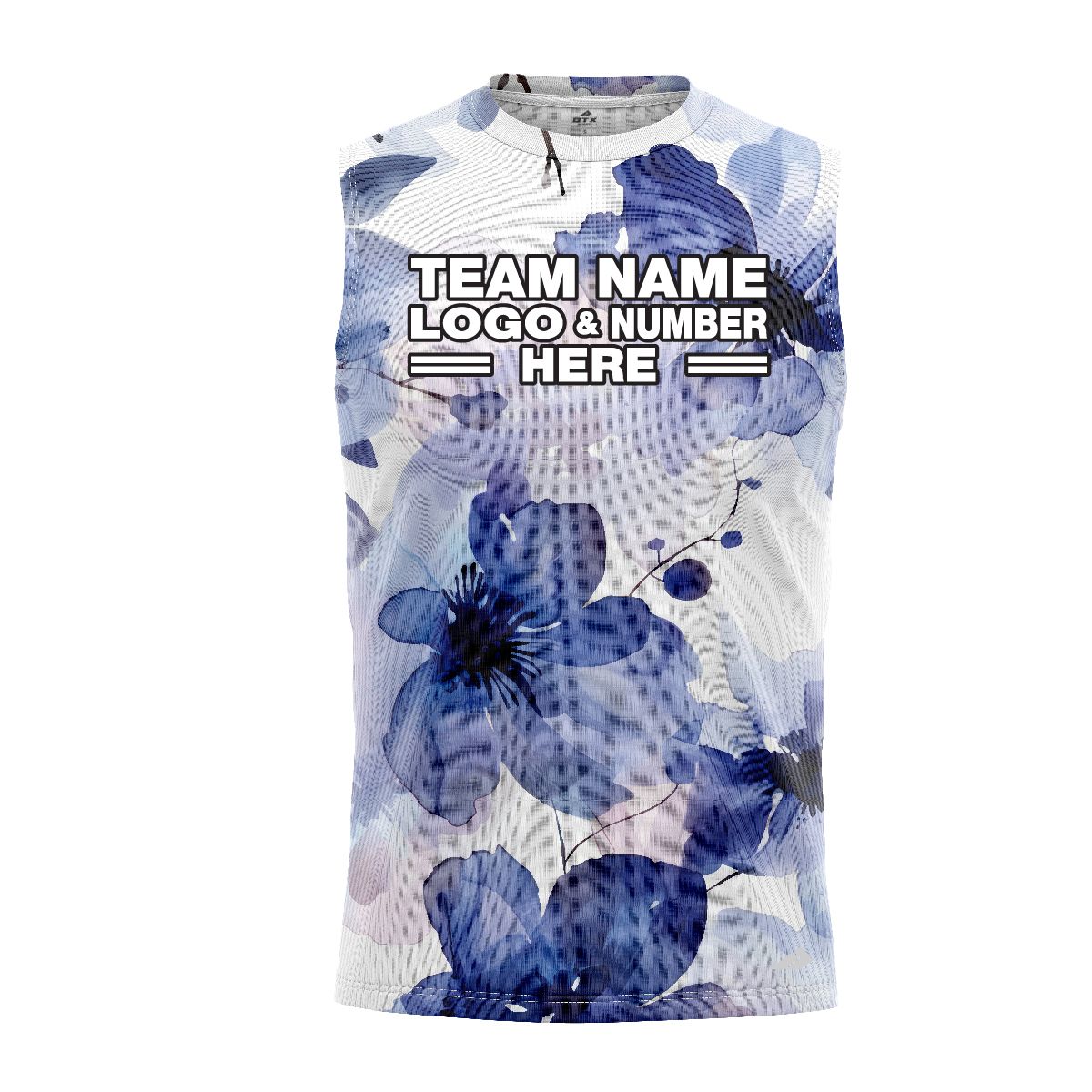 Custom Fully Sublimated Blue Blossom Floral Pattern Blue White Performance Sleeveless 10719