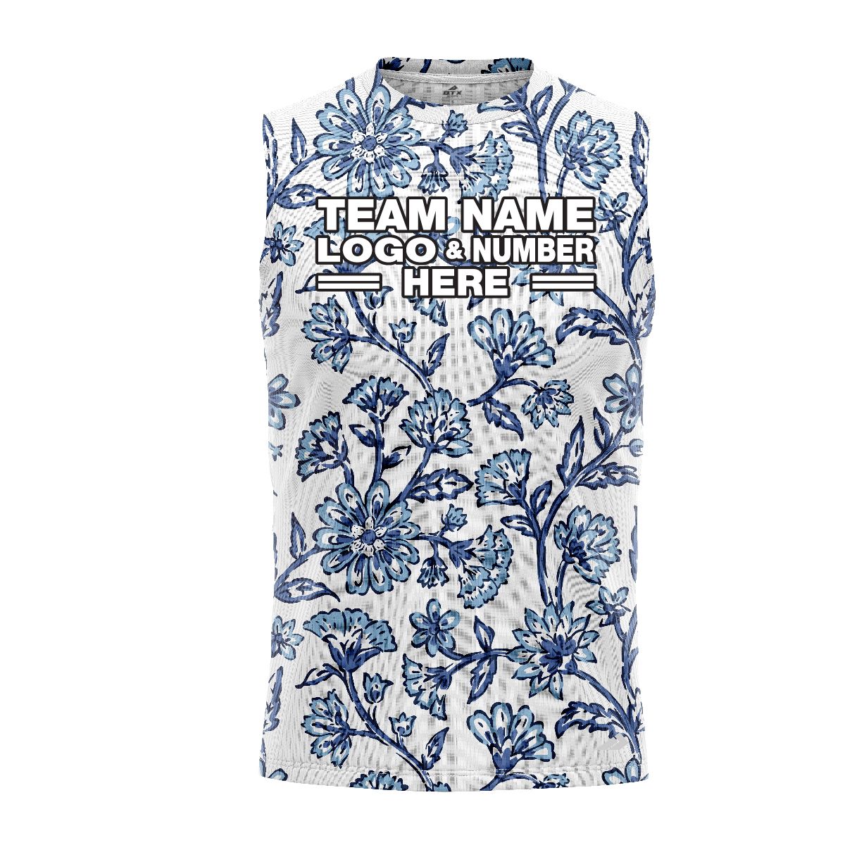 Custom Fully Sublimated Watercolor Floral Pattern Blue White Performance Sleeveless 10723