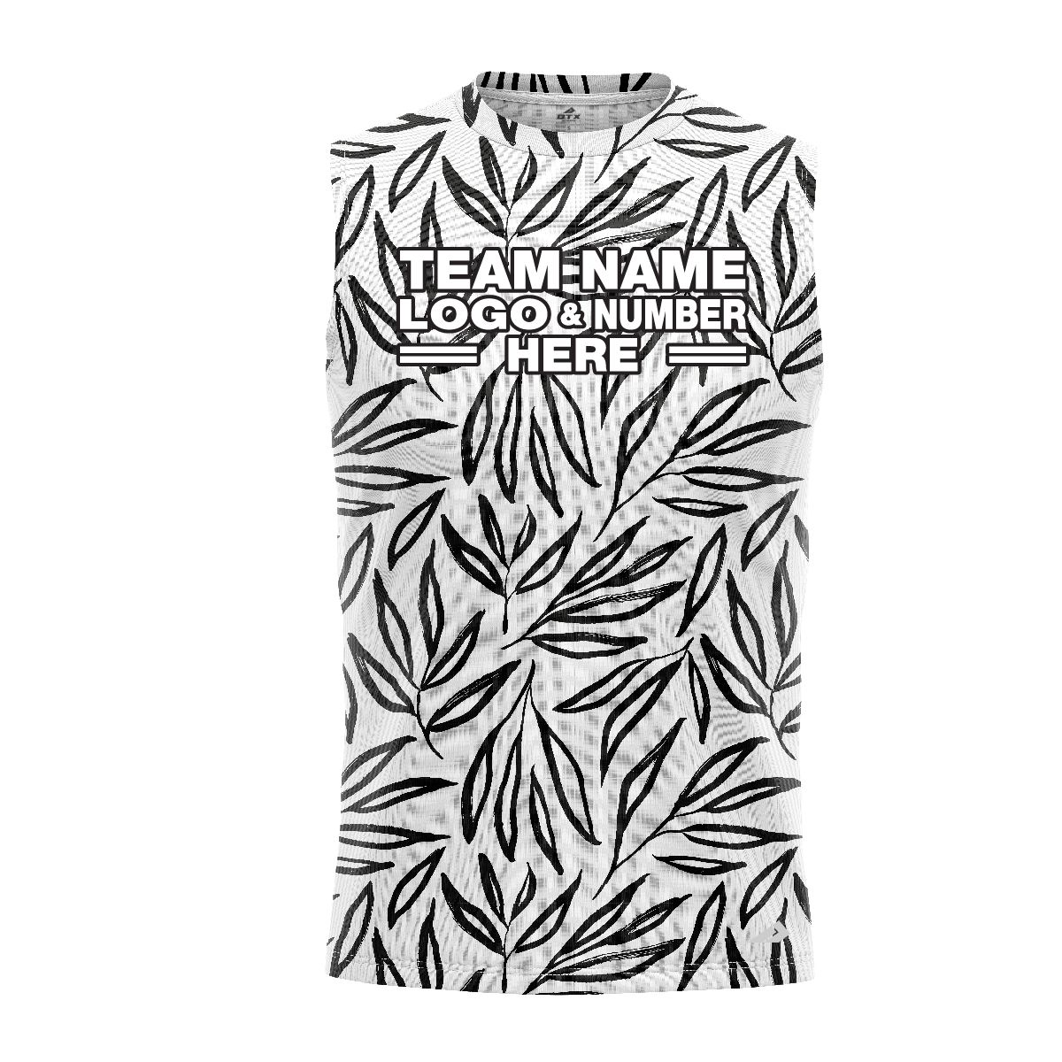 Custom Fully Sublimated Monochrome Botanical Floral Pattern White Black Performance Sleeveless 10759