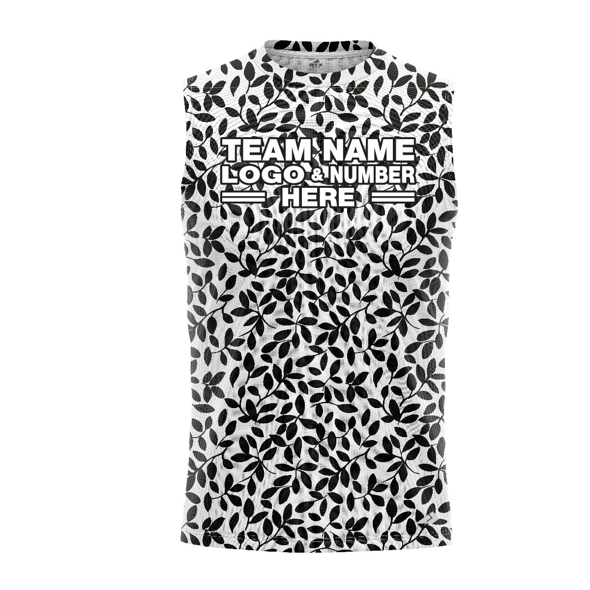 Custom Fully Sublimated Elegant Leaf Floral Pattern White Black Teal Performance Sleeveless 10771