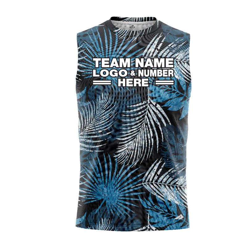 Custom Fully Sublimated Blue Foliage Floral Two Pattern Black Blue White Performance Sleeveless 10783