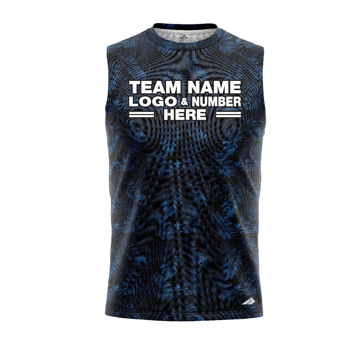 Custom Fully Sublimated Blue Foliage Floral Pattern Black Blue Performance Sleeveless 10763