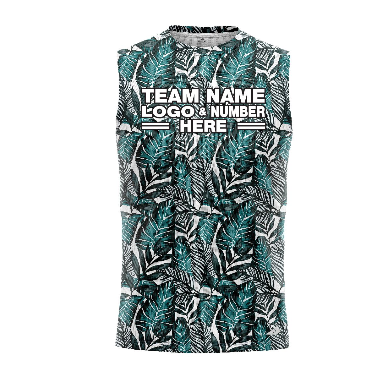 Custom Fully Sublimated Tropical Floral Pattern White Black Teal Performance Sleeveless 10767