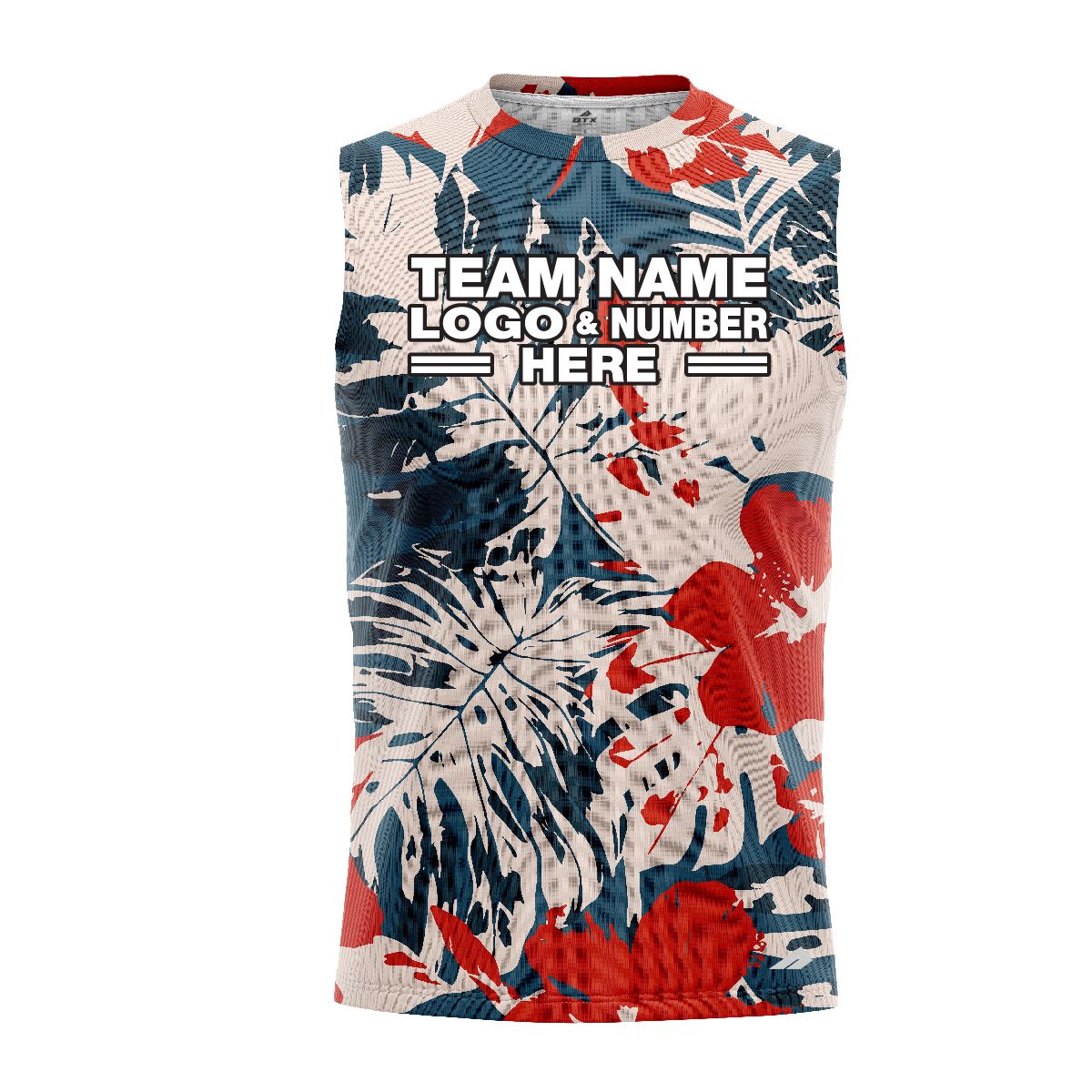 Custom Fully Sublimated Vibrant Tropical Floral Pattern Teal Red Pink Performance Sleeveless 10799