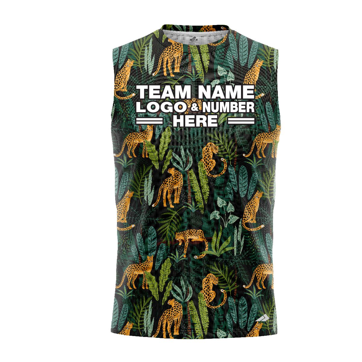 Custom Fully Sublimated Wild Jungle Floral Pattern Black Gold Green Performance Sleeveless 10835