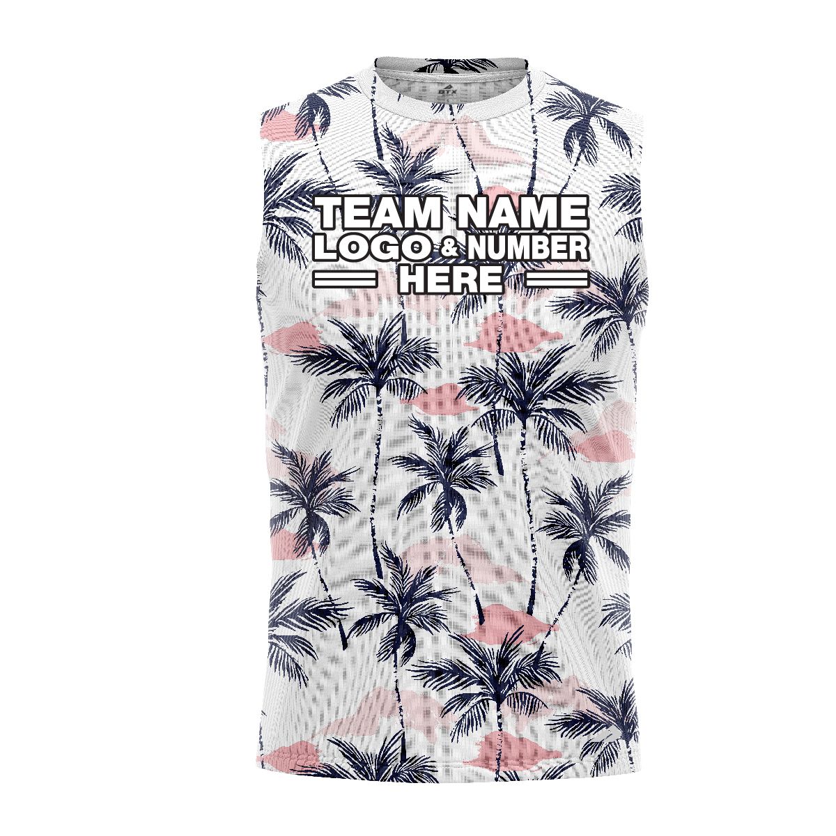 Custom Fully Sublimated Palm and Pink Cloud Floral Pattern White Pink Black Performance Sleeveless 10839