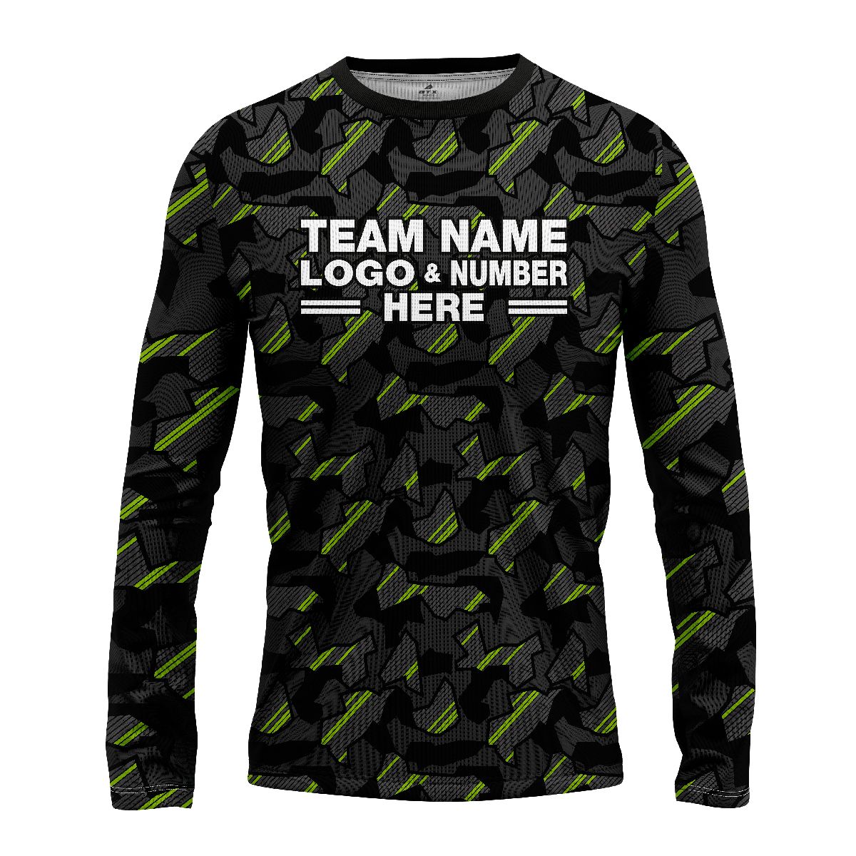Custom Fully Sublimated Sports Camo Pattern Neon Green Black Performance Long Sleeves 10979