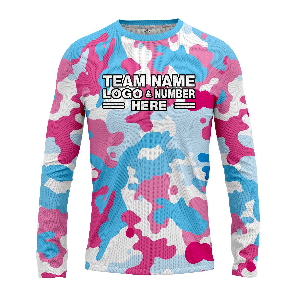Custom Fully Sublimated Vibrant Camo Pattern Texture Sky Blue Pink Performance Long Sleeves 11099