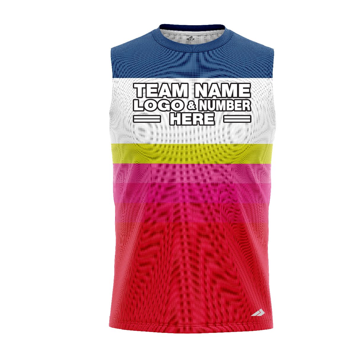 Custom Fully Sublimated Retro Stripe Neon Pattern Blue Yellow Pink Performance Sleeveless 11139