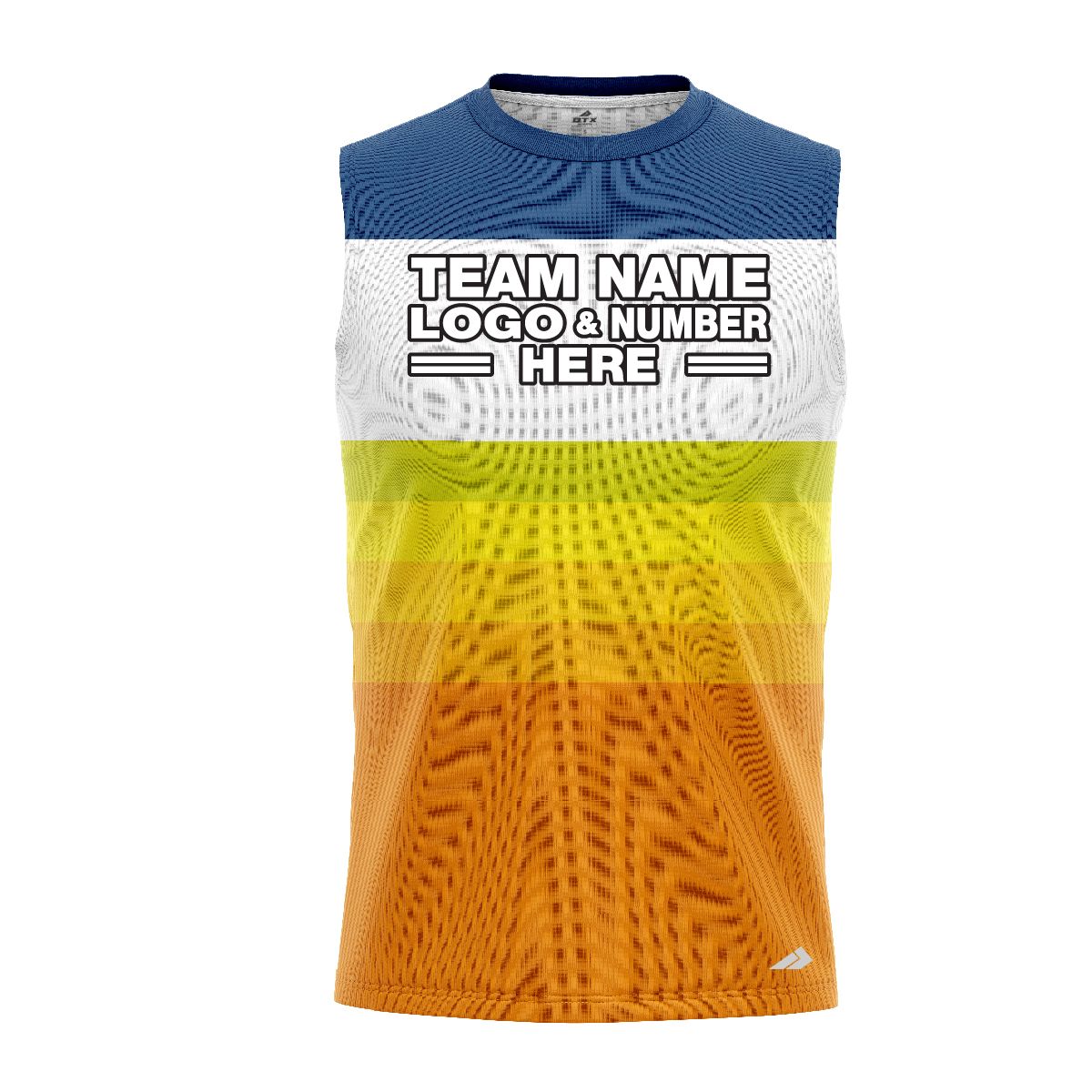 Custom Fully Sublimated Retro Stripe Neon Pattern Blue Yellow Orange Performance Sleeveless 11143