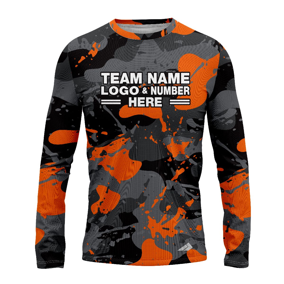 Custom Fully Sublimated Orange Splash Camo Pattern Black Gray Orange Black Performance Long Sleeves 11375
