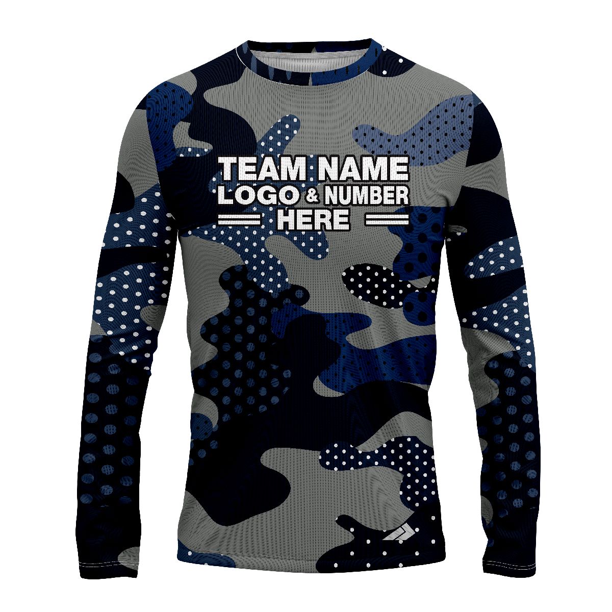 Custom Fully Sublimated Woodland Camo Pattern Dark Blue Gray Black Performance Long Sleeves 11519