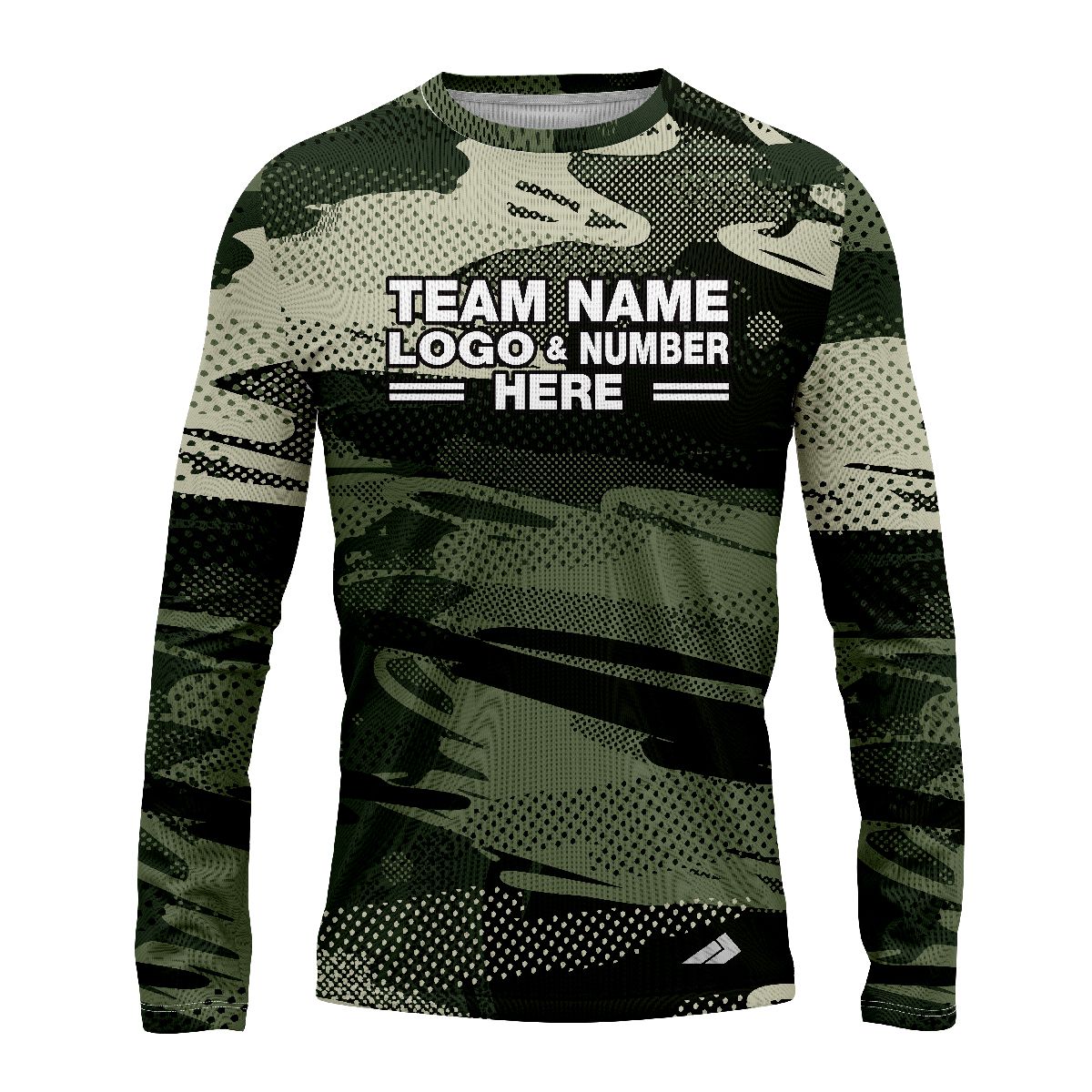Custom Fully Sublimated Contemporary Woodland Camo Pattern Dark Green Black Performance Long Sleeves 11651