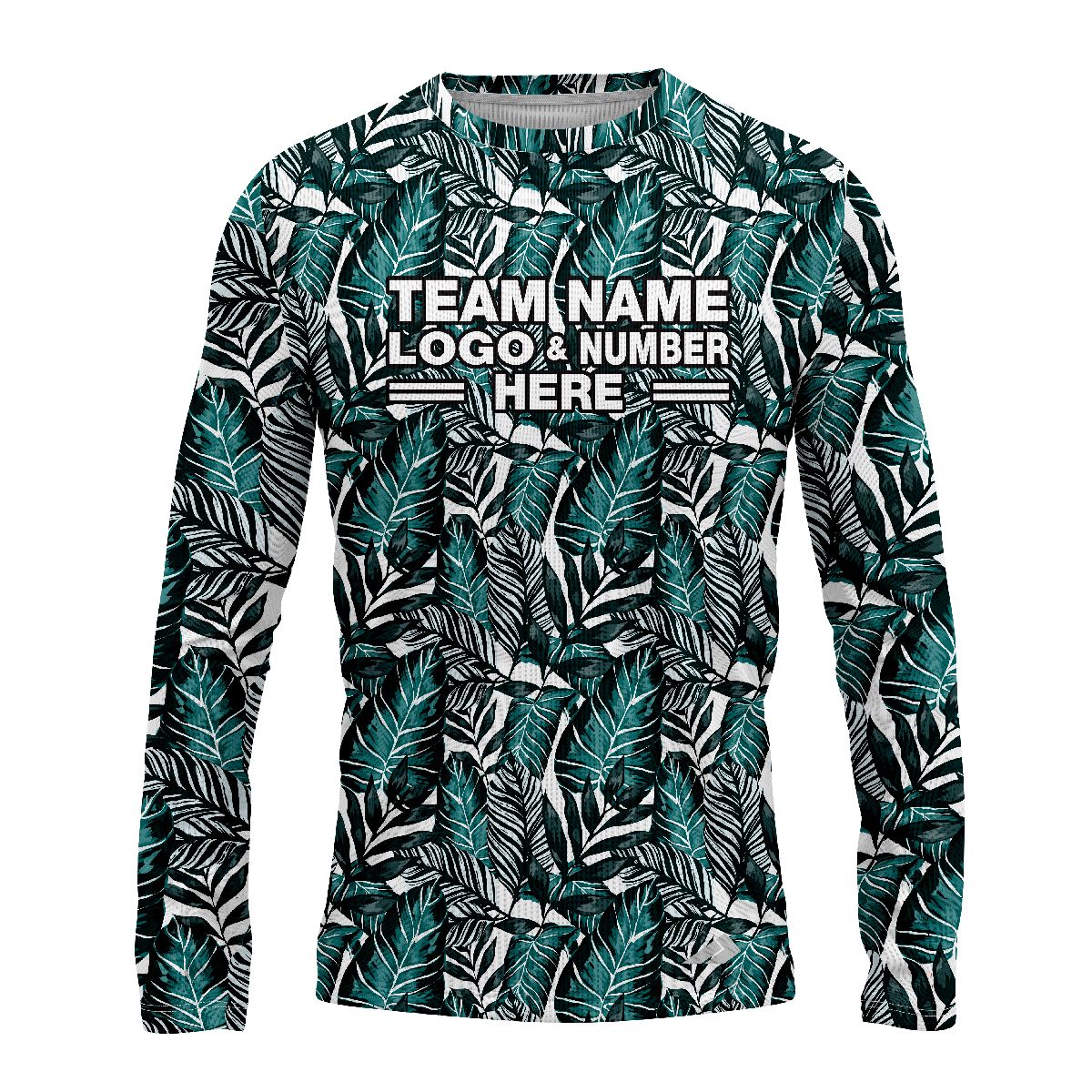 Custom Fully Sublimated Tropical Floral Pattern White Black Teal Performance Long Sleeves 11915