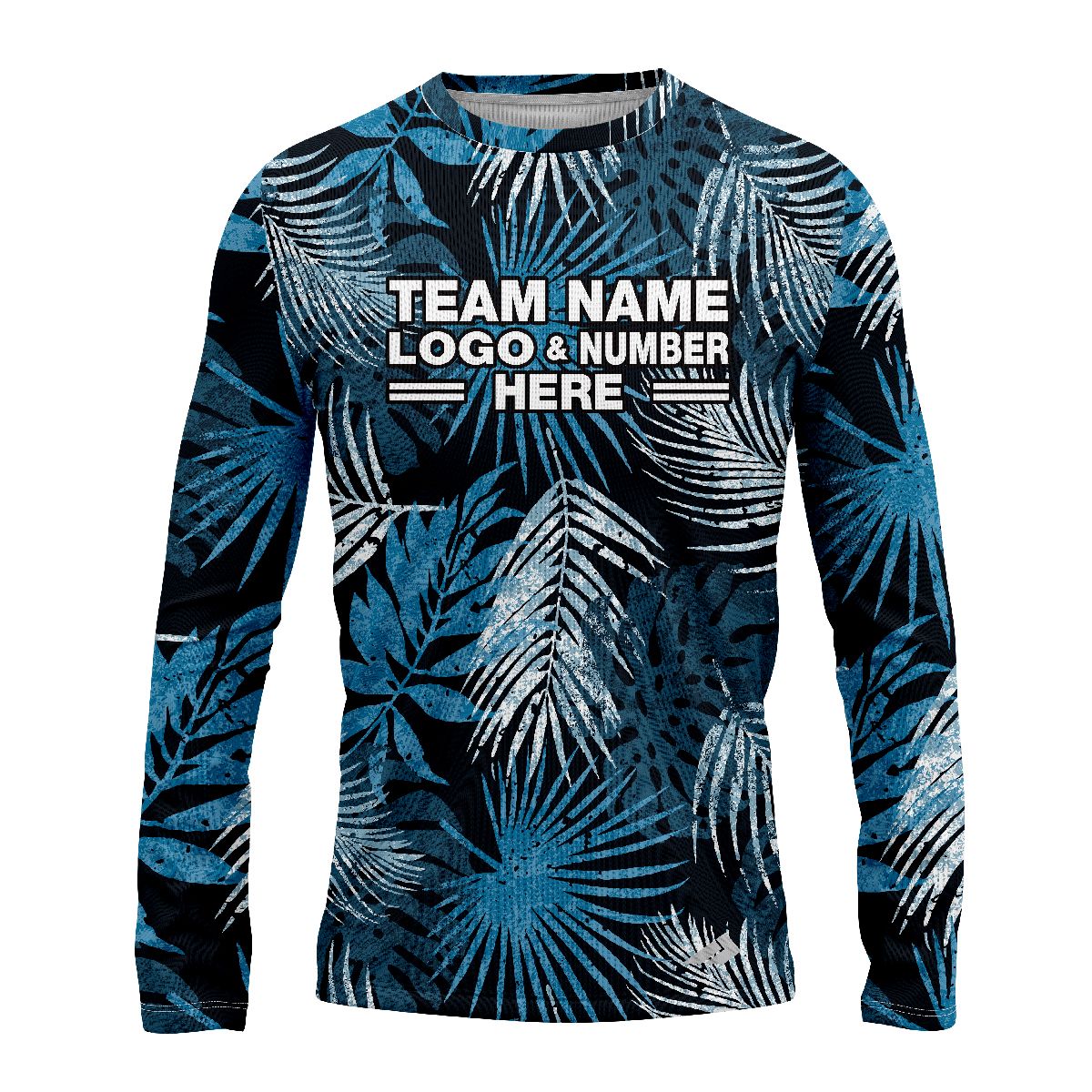 Custom Fully Sublimated Blue Foliage Floral Two Pattern Black Blue White Performance Long Sleeves 11987