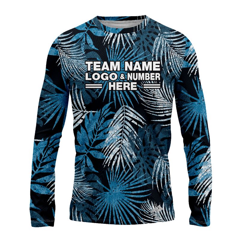 Custom Fully Sublimated Blue Foliage Floral Two Pattern Black Blue White Performance Long Sleeves 11987