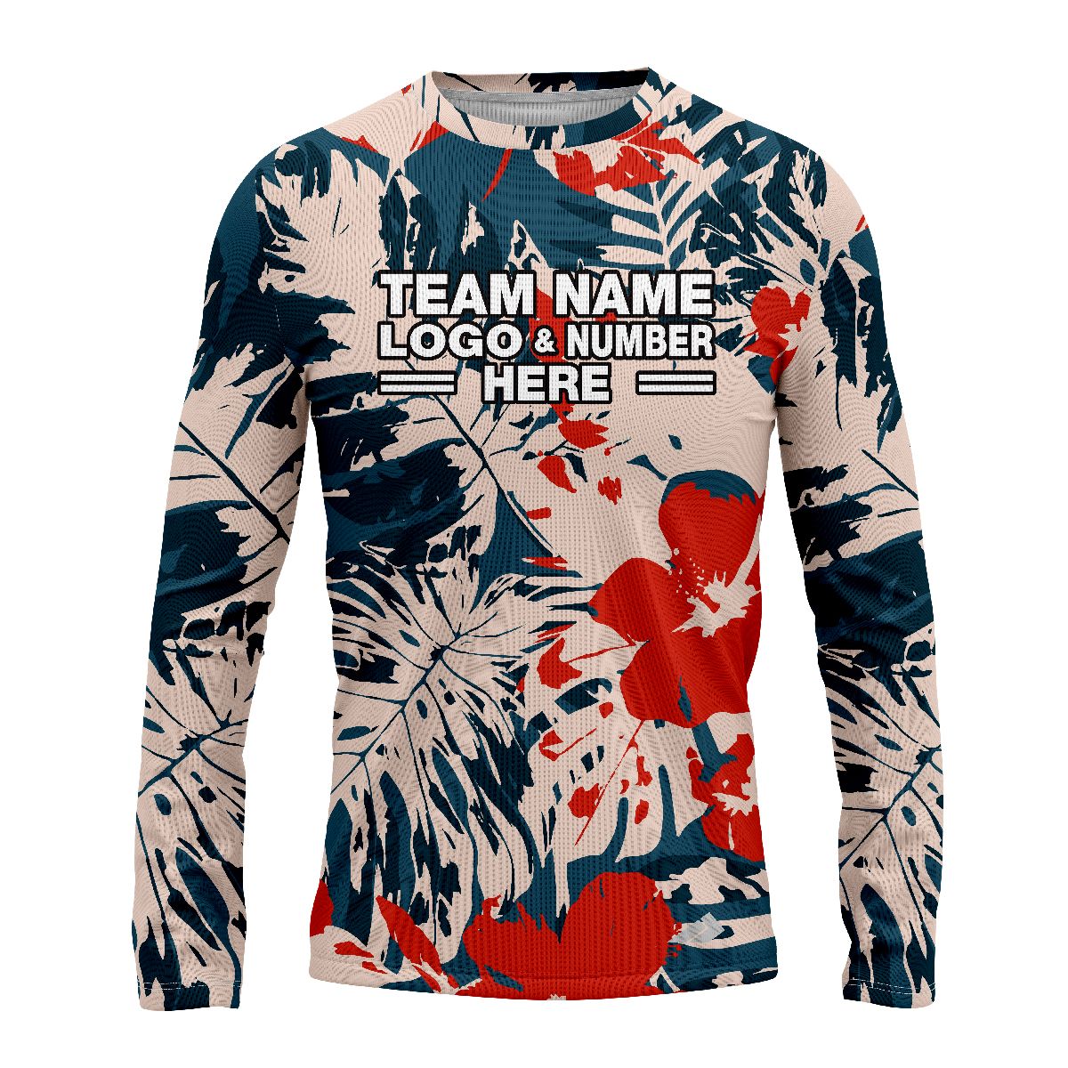 Custom Fully Sublimated Vibrant Tropical Floral Pattern Teal Red Pink Performance Long Sleeves 12199