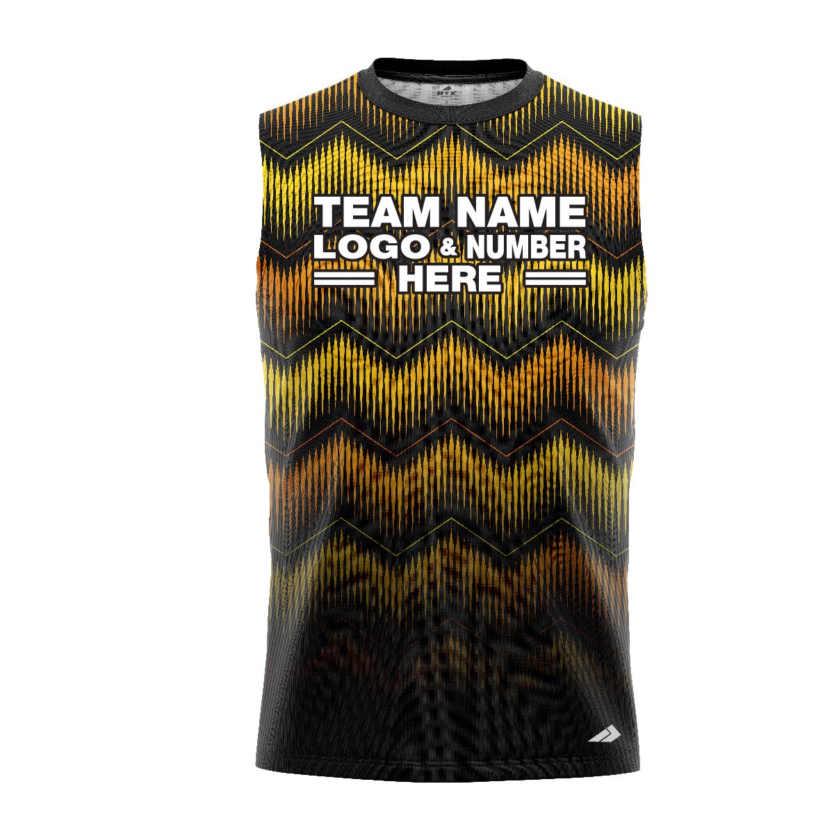 Custom Fully Sublimated Fushion Pattern Black Yellow Orange Performance Sleeveless 12387