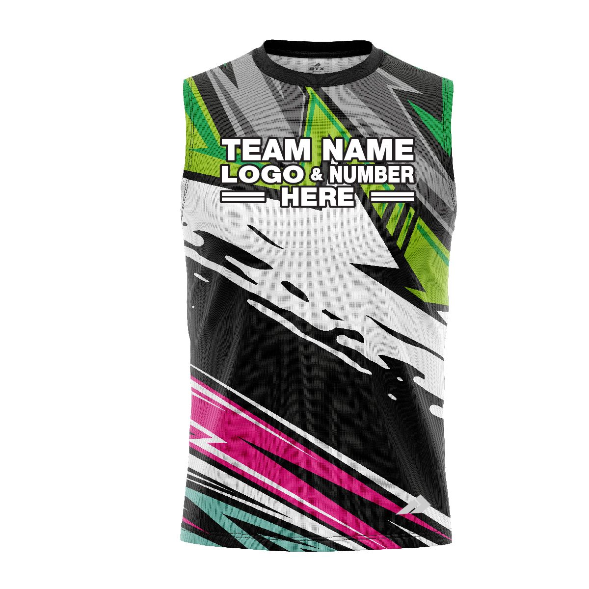 Custom Fully Sublimated Energetic Pattern Green Gray Teal Pink Performance Sleeveless 13799