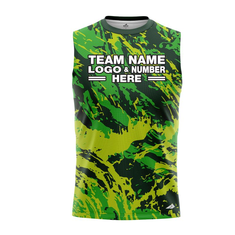 Custom Fully Sublimated Abstract Tie Dye Pattern Tricolor Green Performance Sleeveless 14099