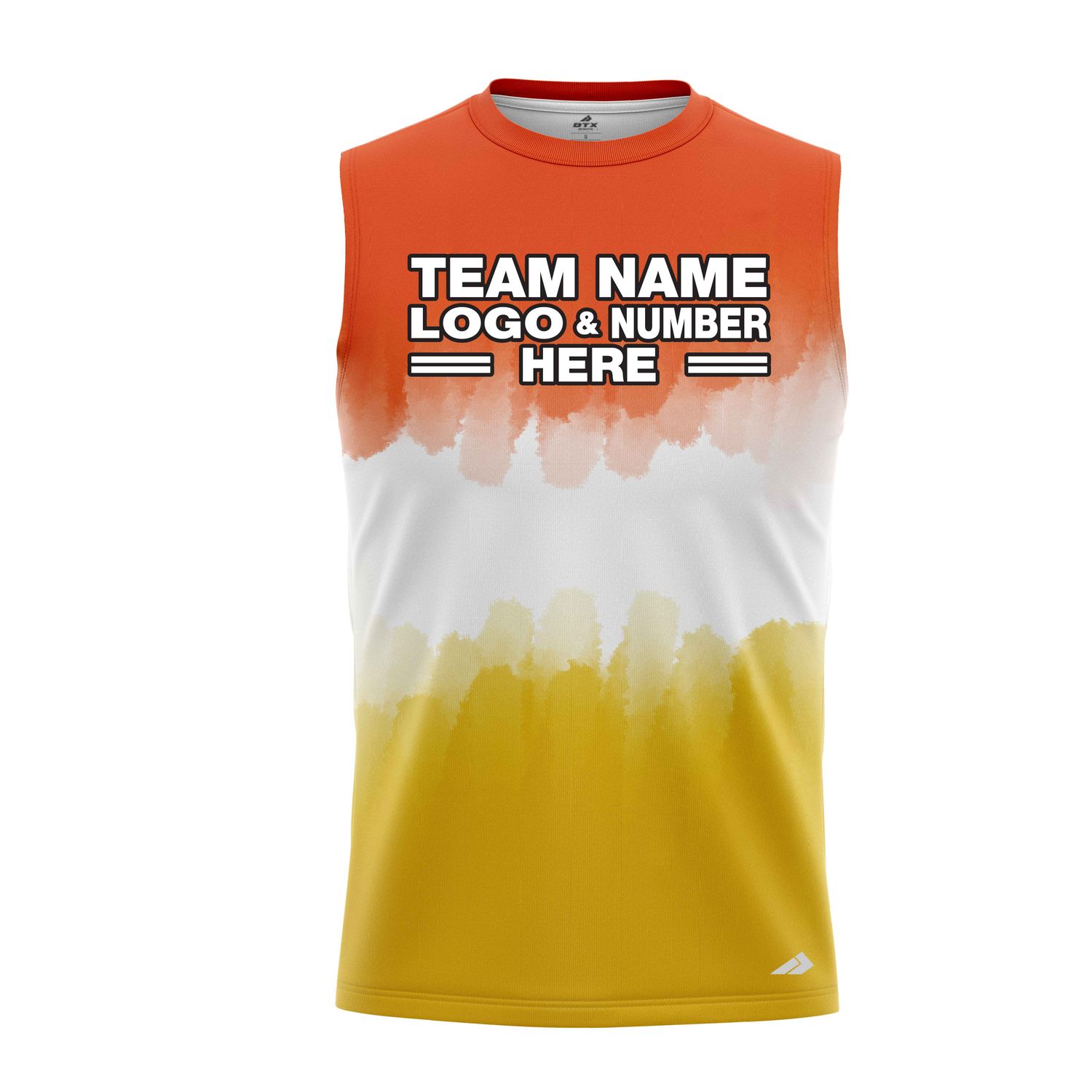 Custom Fully Sublimated Vibrant Tie Dye Pattern Tricolor White Orange Yellow Performance Sleeveless 14567