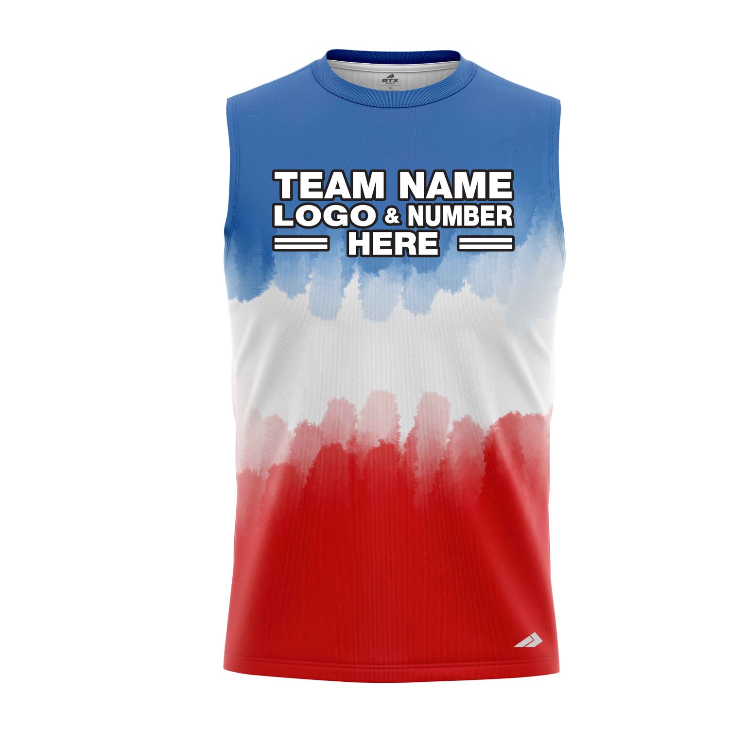 Custom Fully Sublimated Vibrant Tie Dye Pattern Tricolor White Blue Red Performance Sleeveless 14575