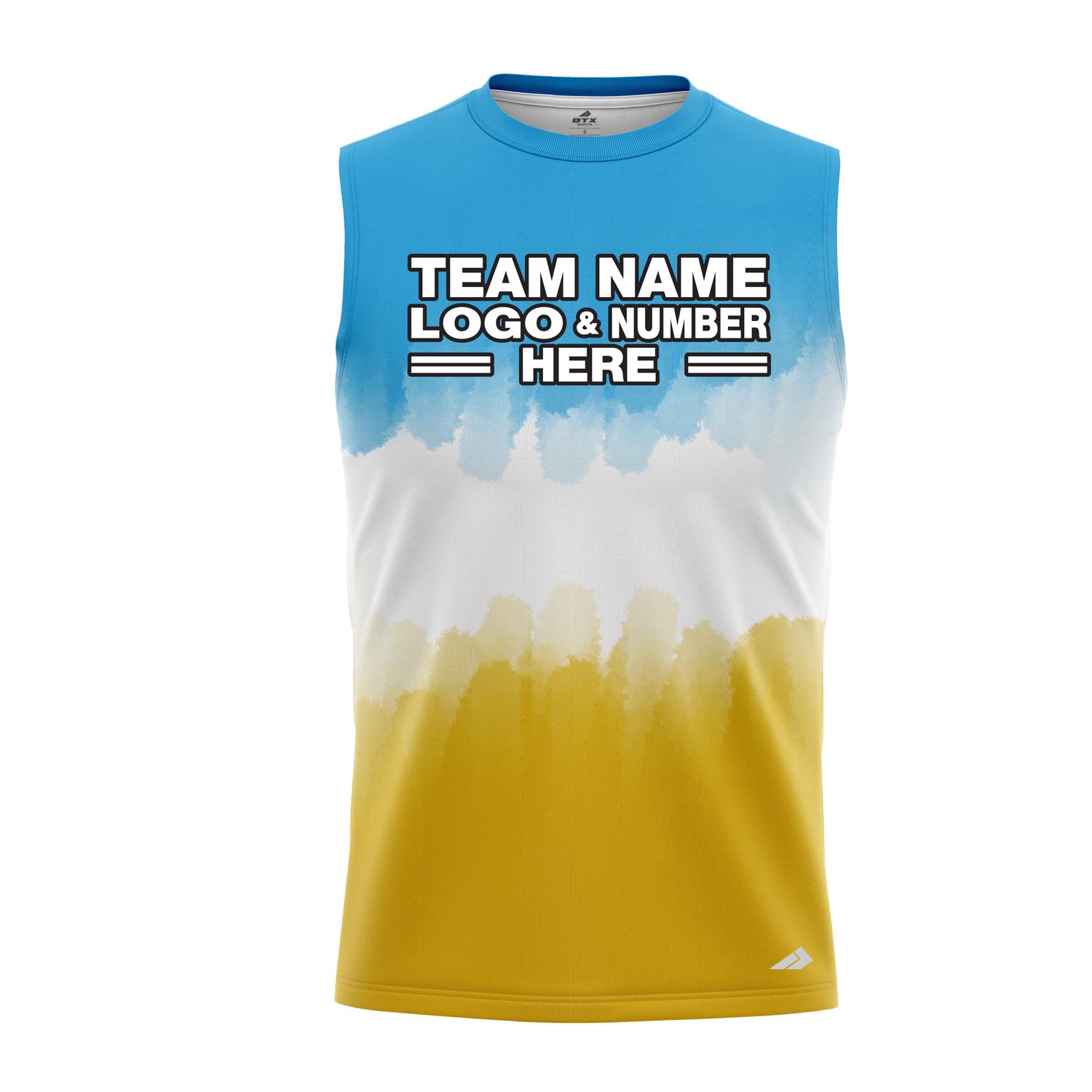 Custom Fully Sublimated Vibrant Tie Dye Pattern Tricolor White SkyBlue Yellow Performance Sleeveless 14579