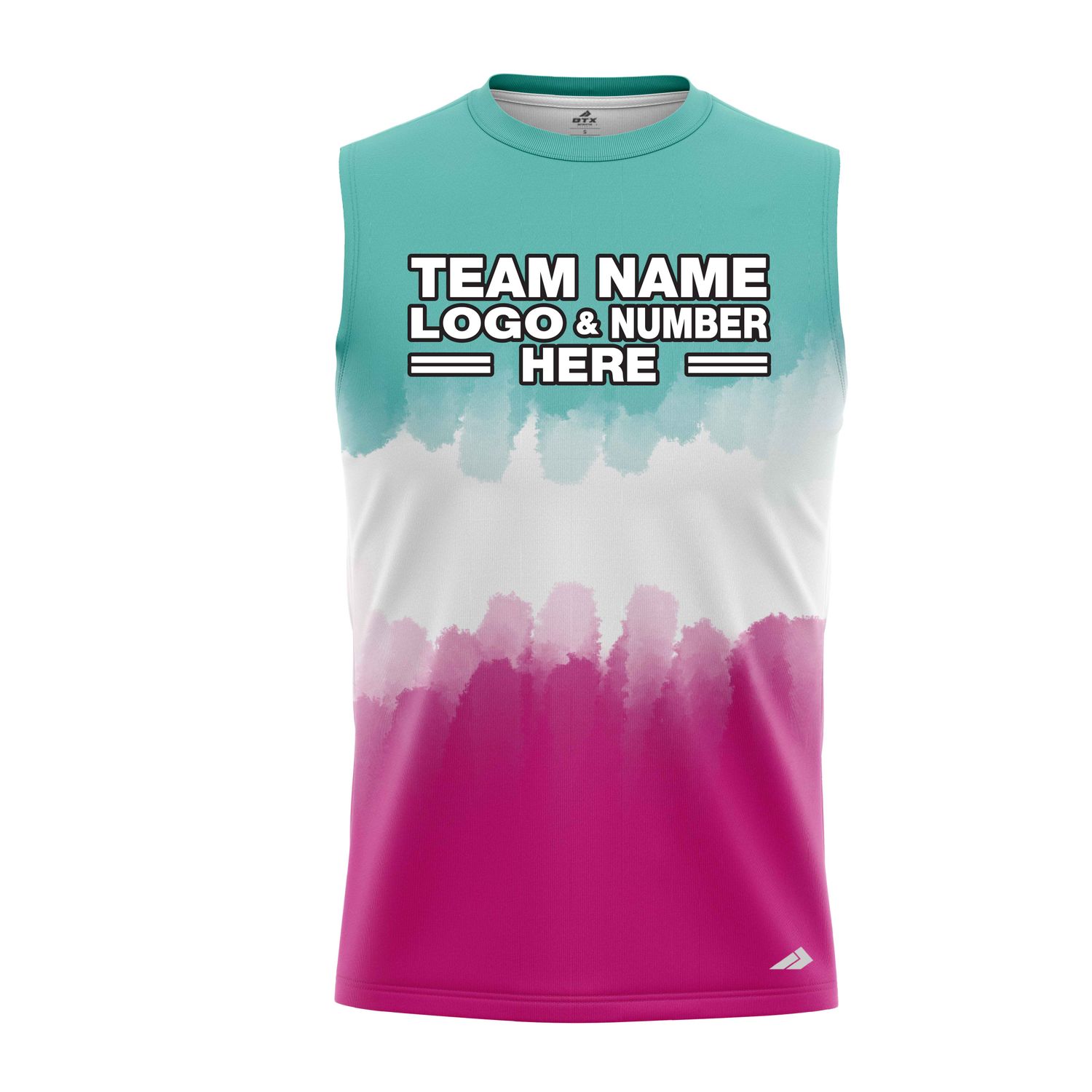 Custom Fully Sublimated Vibrant Tie Dye Pattern Tricolor White Teal Pink Performance Sleeveless 14571