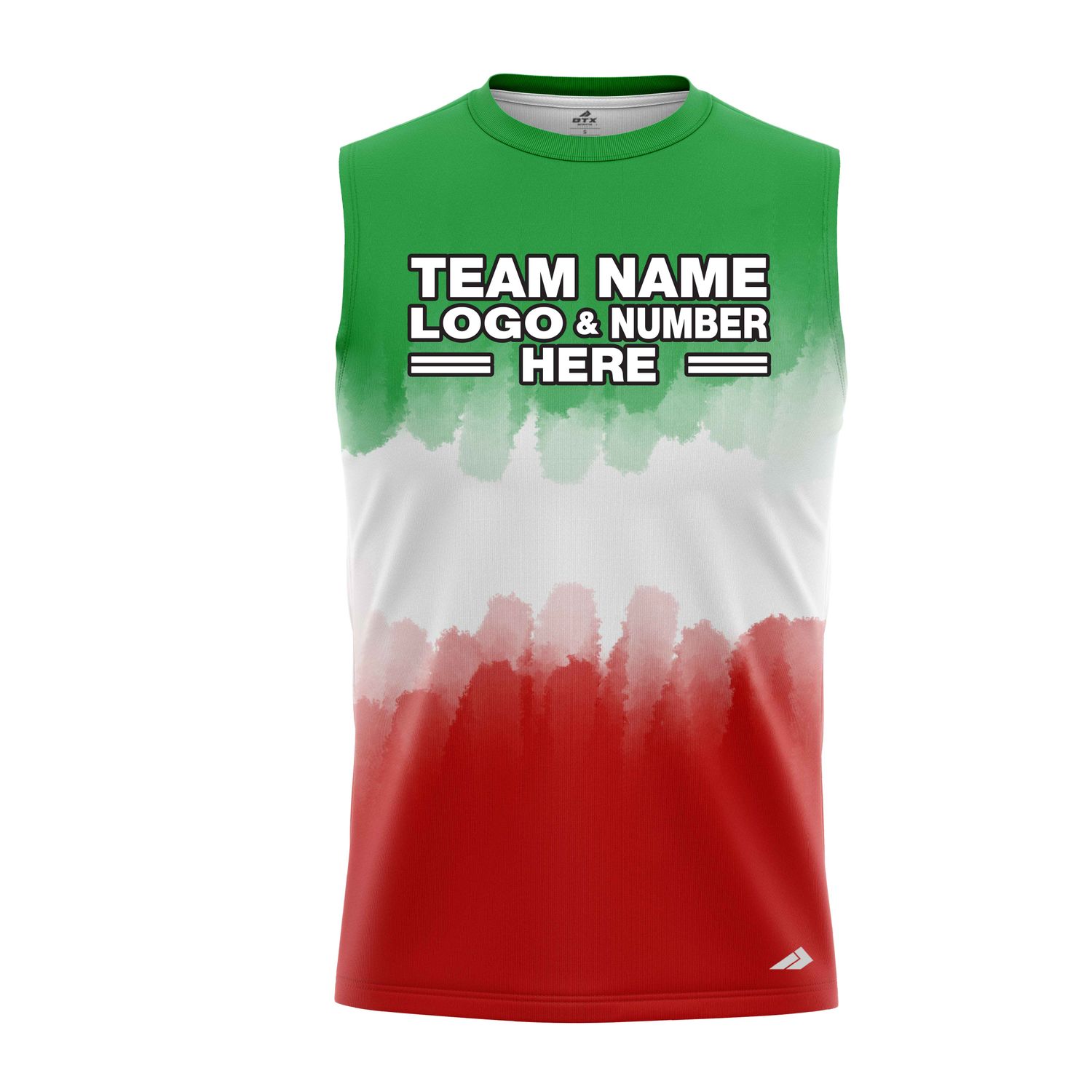 Custom Fully Sublimated Vibrant Tie Dye Pattern Tricolor White Green Red Performance Sleeveless 14583