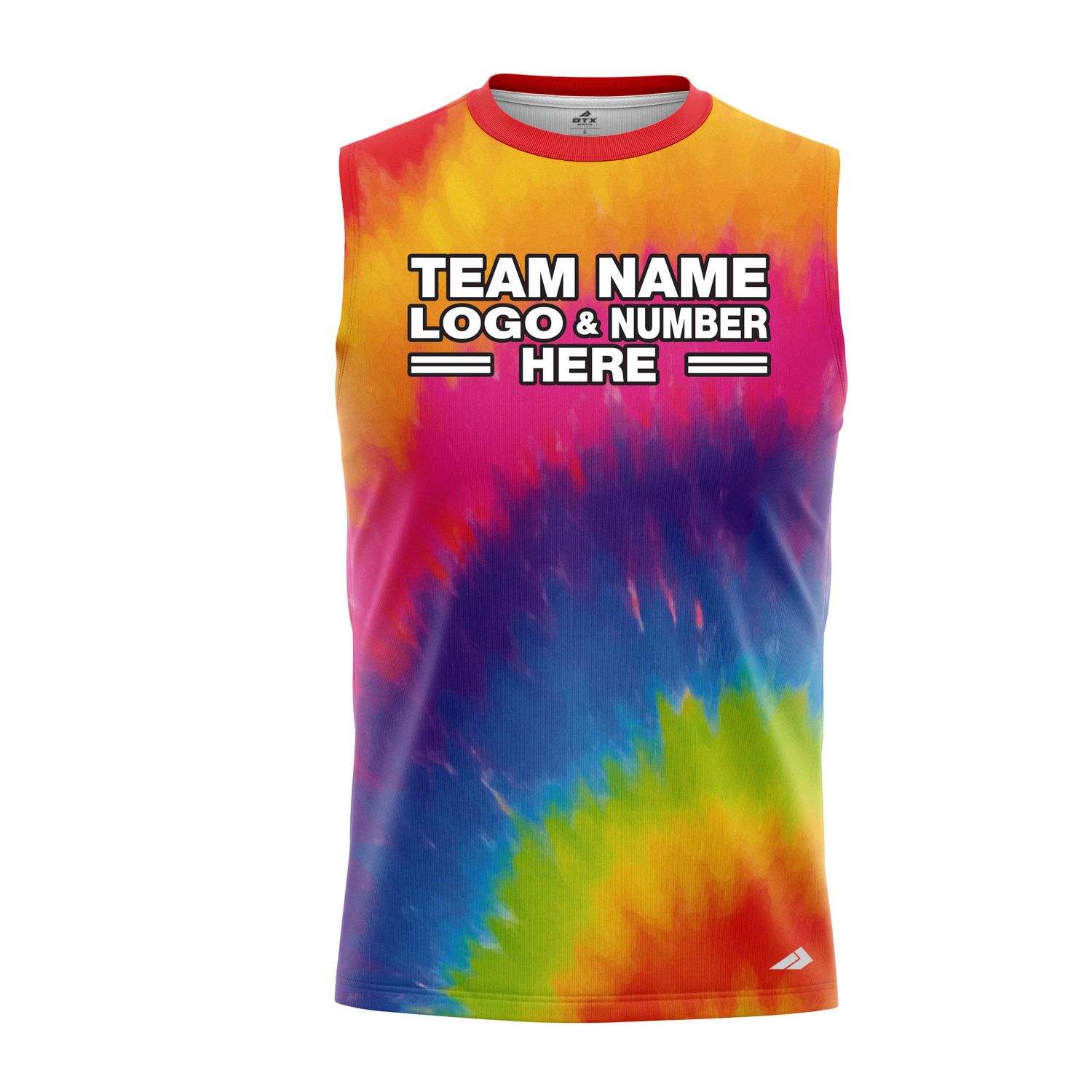 Custom Fully Sublimated Tropical Tornadoes Tie Dye Pattern Multicolor Performance Sleeveless 14659