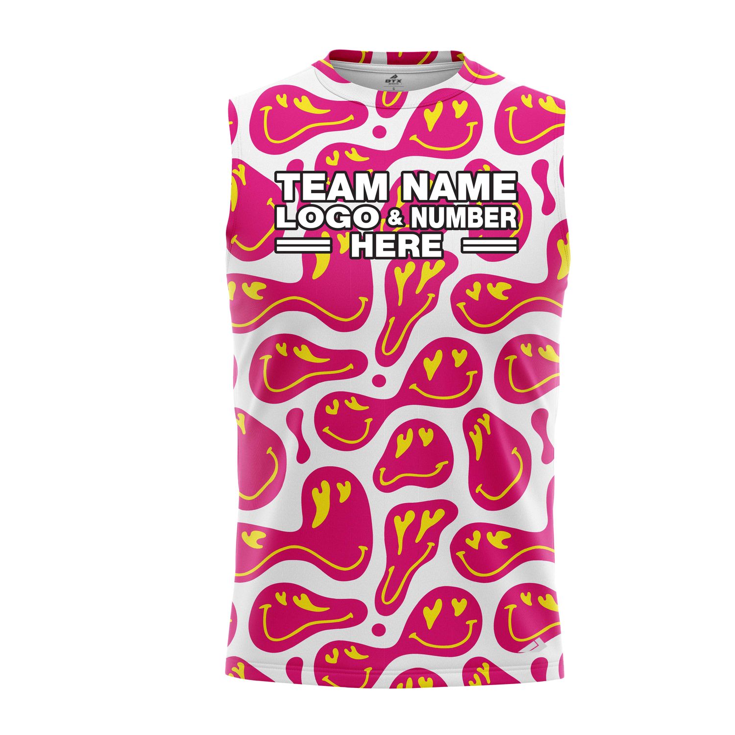 Custom Fully Sublimated Energetic Smiles Tie Dye Pattern Pink Yellow White Performance Sleeveless 14755