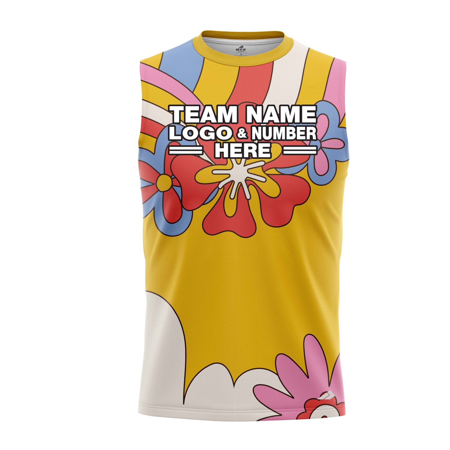 Custom Fully Sublimated Funky Florals Tie Dye Pattern Yellow Multicolor Performance Sleeveless 14759