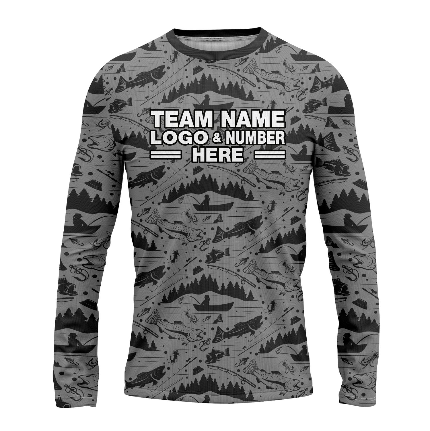 Custom Fully Sublimated Mosaic  Fishing Pattern Gray Performance Long Sleeves 15151
