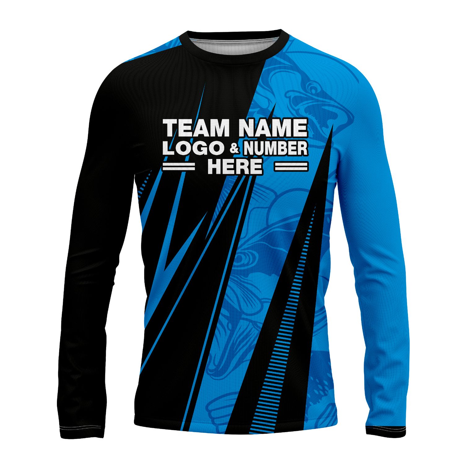 Custom Fully Sublimated Electric Fishing Pattern Black SkyBlue Performance Long Sleeves 15251