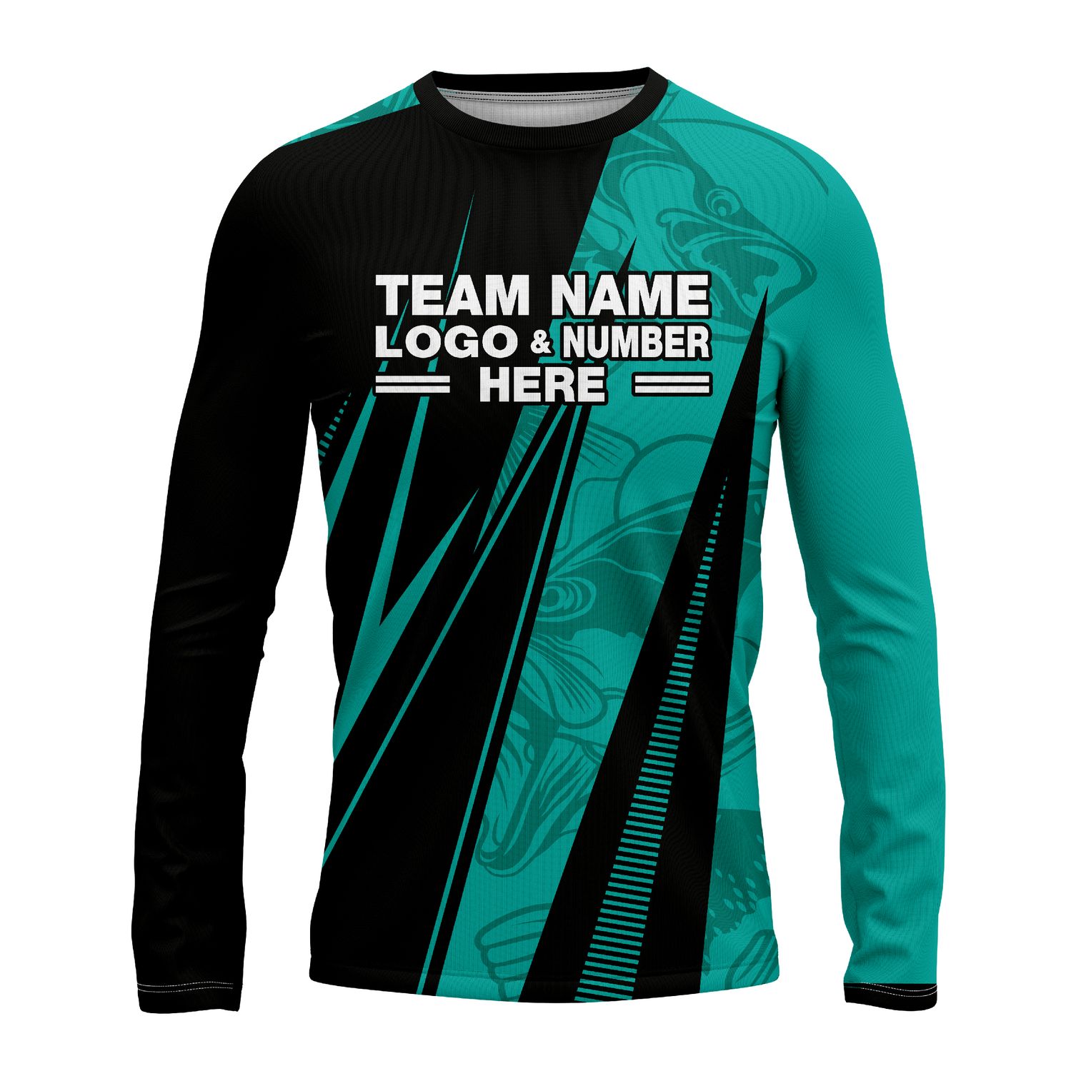 Custom Fully Sublimated Electric Fishing Pattern Black Teal Performance Long Sleeves 15263