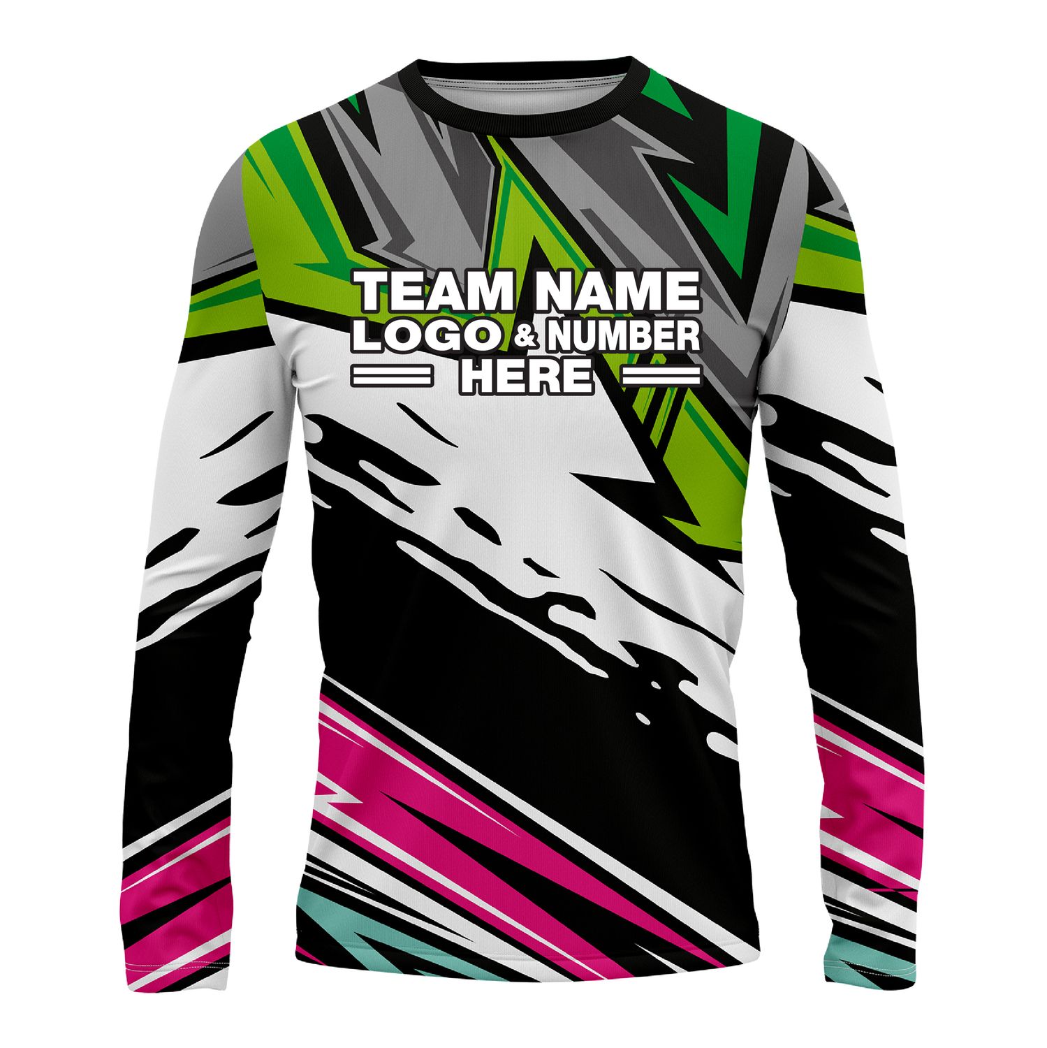 Custom Fully Sublimated Energetic Pattern Green Gray Teal Pink Performance Long Sleeves 16170