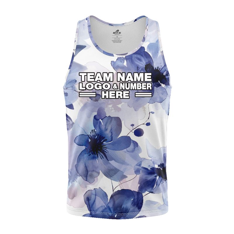 Custom Fully Sublimated Blue Blossom Floral Pattern Blue White Performance Tank Top 16302