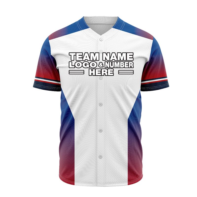Custom Fully Sublimated Faded Colors Pattern White Red Blue Performance Baseball Softball Full Buttons Jersey 16786