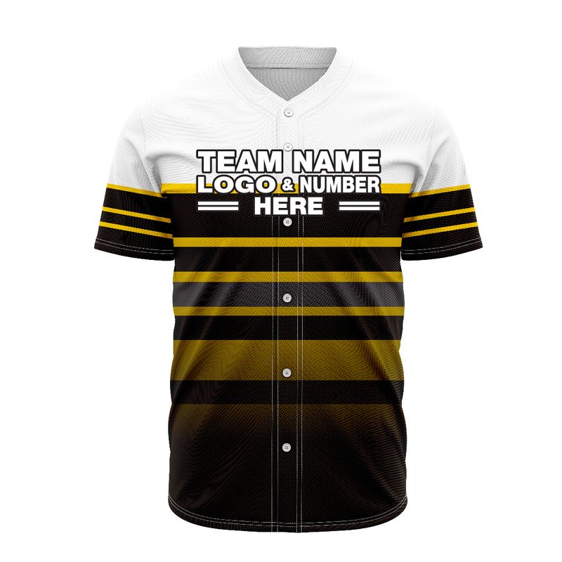 Custom Fully Sublimated Horizontal Stripes Pattern Black White Yellow Gold Performance Baseball Softball Full Buttons Jersey 16802