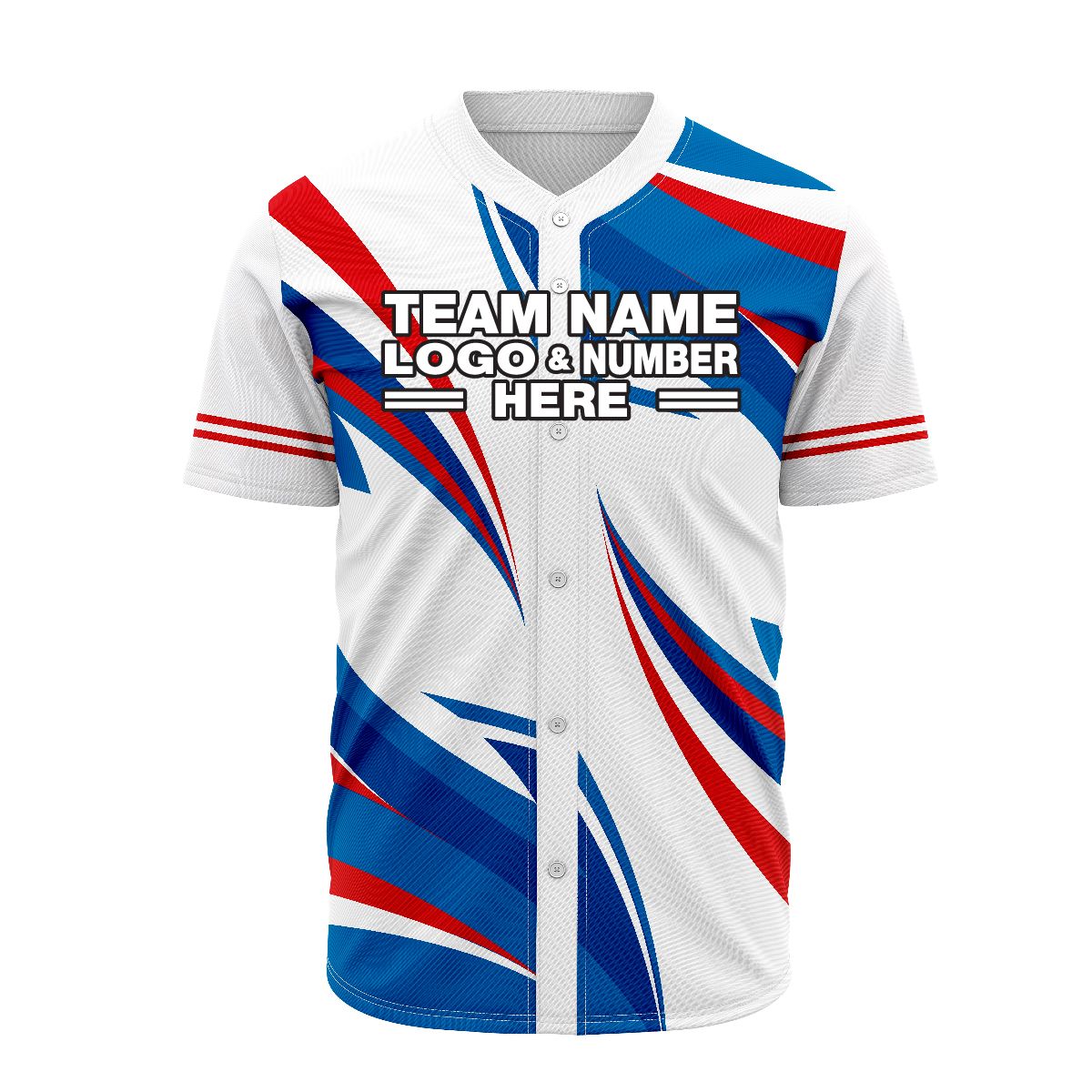 Custom Fully Sublimated Break Point Pattern White Blue Red Performance Baseball Softball Full Buttons Jersey 16807