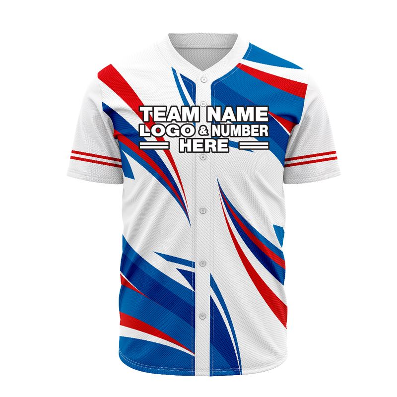 Custom Fully Sublimated Break Point Pattern White Blue Red Performance Baseball Softball Full Buttons Jersey 16807