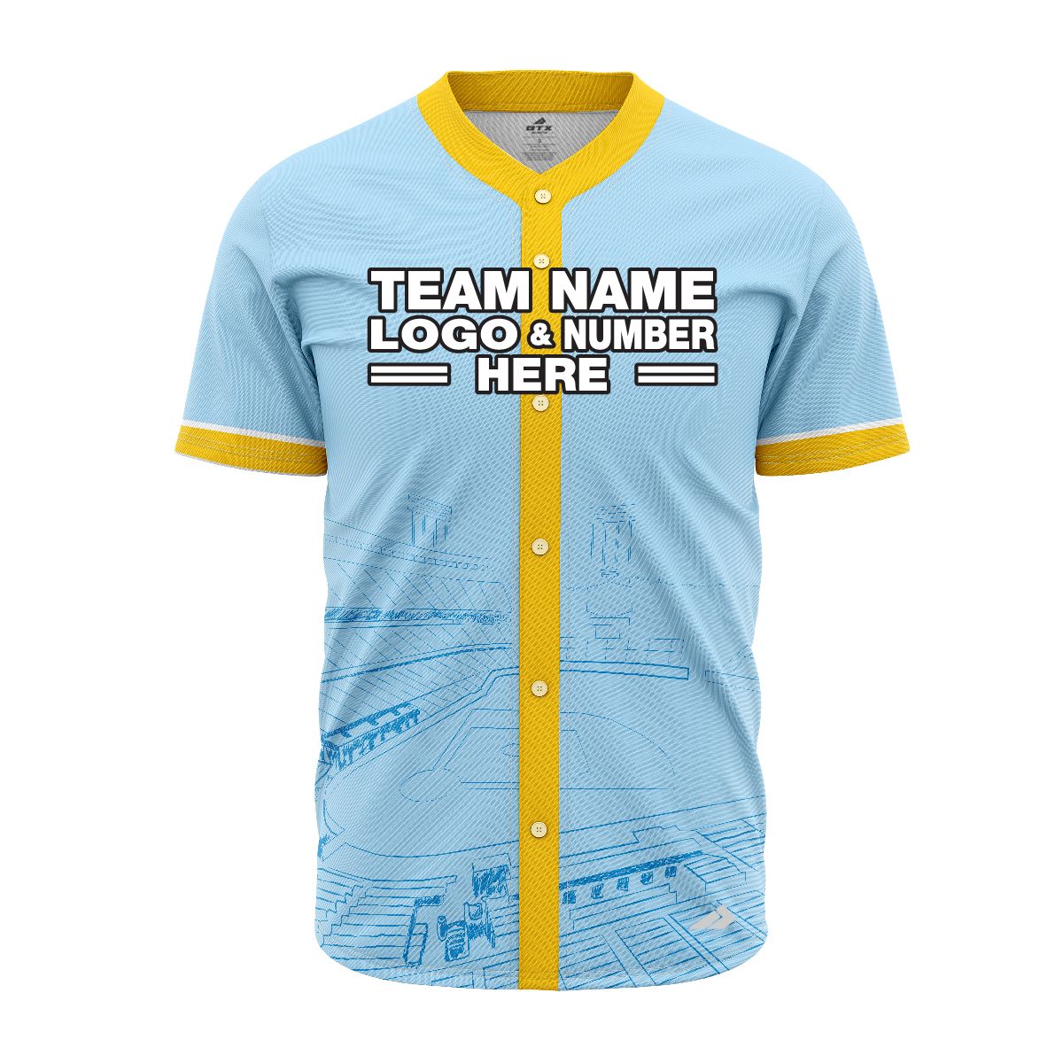 Custom Fully Sublimated Field Two Pattern SkyBlue Yellow Performance Baseball Softball Full Buttons Jersey 16839