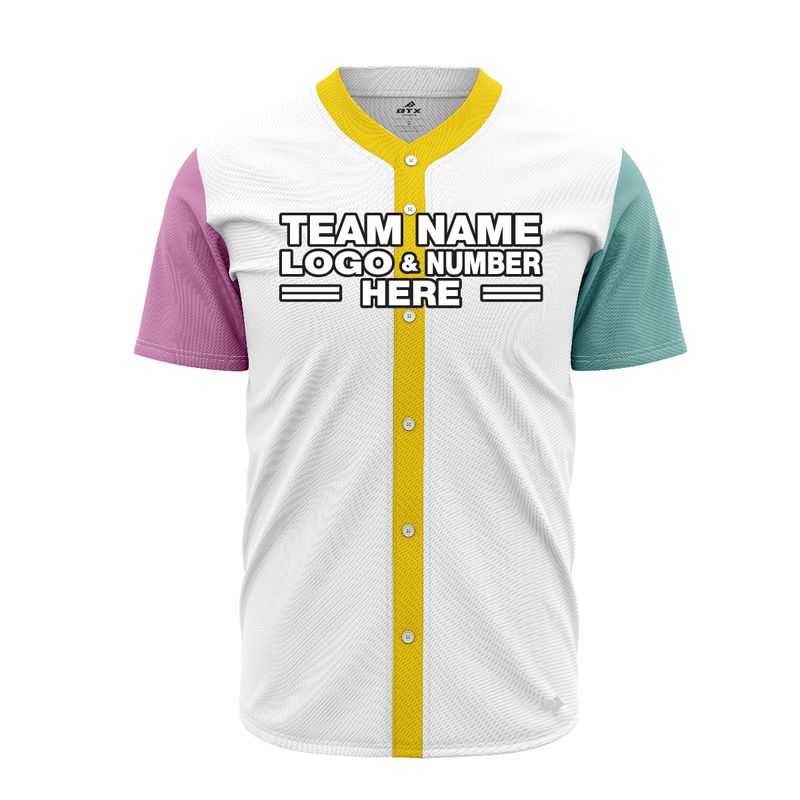 Custom Fully Sublimated Baby Colors Pattern White Teal Pink Yellow Performance Baseball Softball Full Buttons Jersey 16869