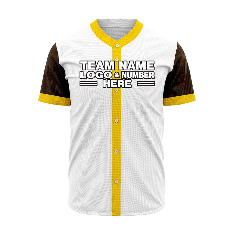 Custom Fully Sublimated Elegant Two Pattern White Yellow Black Performance Baseball Softball Full Buttons Jersey
